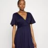Sleeves Wrap Waist V Flared Mini Dress- Vestido Ligero - Dark Blue