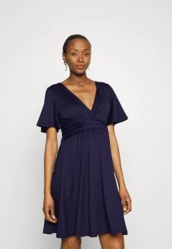 Sleeves Wrap Waist V Flared Mini Dress- Vestido Ligero - Dark Blue