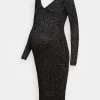 Lurex V Ausschnitt Ripp Midi Bodycon Strickkleid - Vestido De Punto - Black